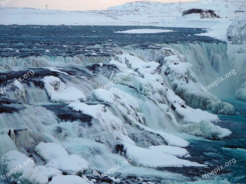 Iceland Gullfoss River Water Snow