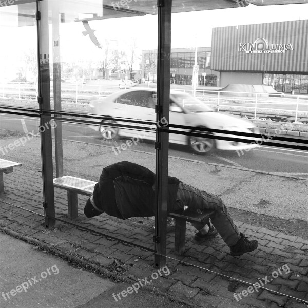 Homless Man Sleeping Station People