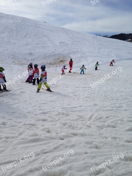 Skiing Children Runway Snowy Beginner Course