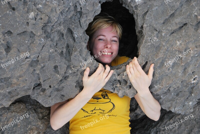 Woman Smiling Hanging Stone Falling