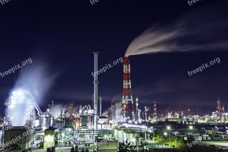 Factory Industrial Complex Night View Views Smoke