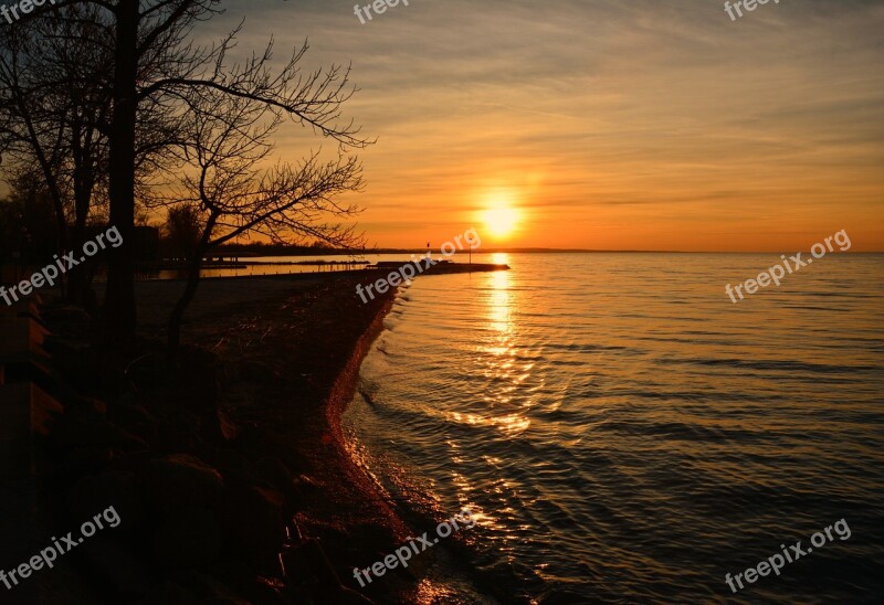 Lake Balaton In The Evening Lights Nightfall Glow