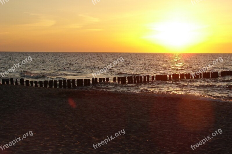 Baltic Sea Breakwater Sunset Wood Water