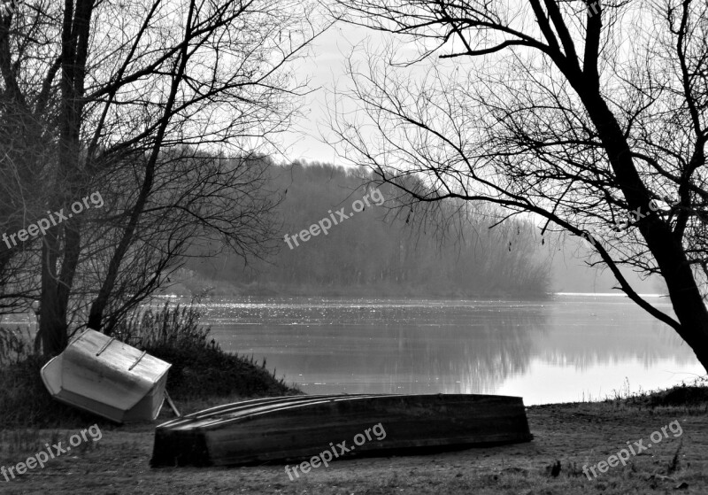 Boats Water Black And White Landscape Backwater