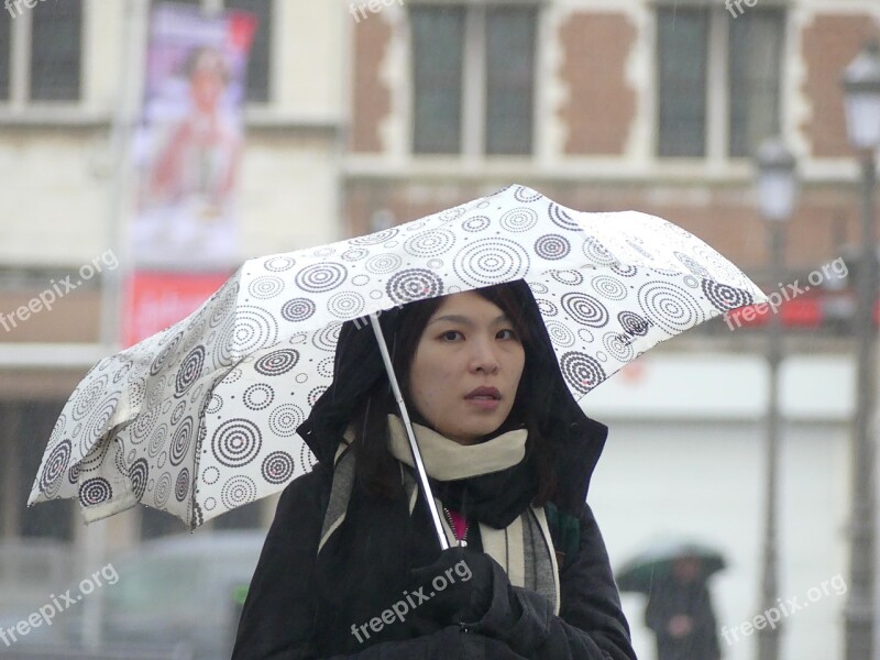 Girl Rain White Umbrella Asian Antwerp