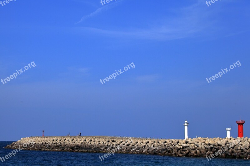 Sea Sky Lighthouse Breakwater Jeju Island