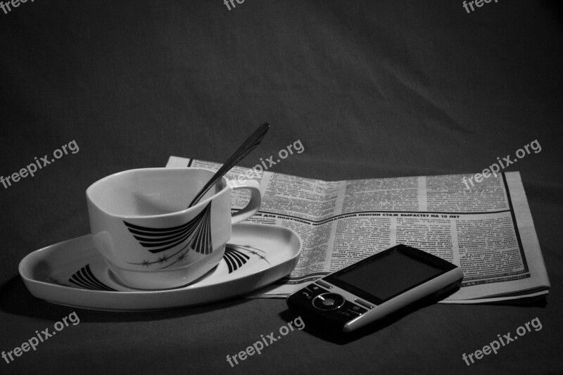 Coffee Newspaper Phone Still Life Bw