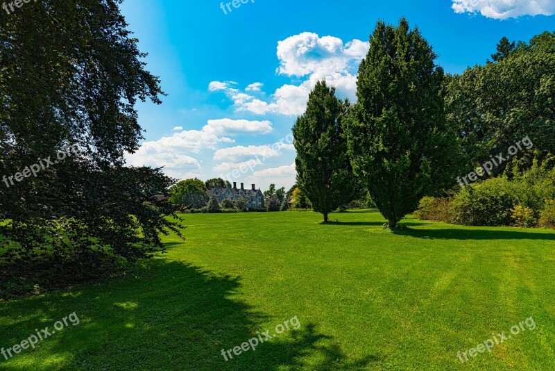 Estate Open Field Mansion Trees Blue Sky