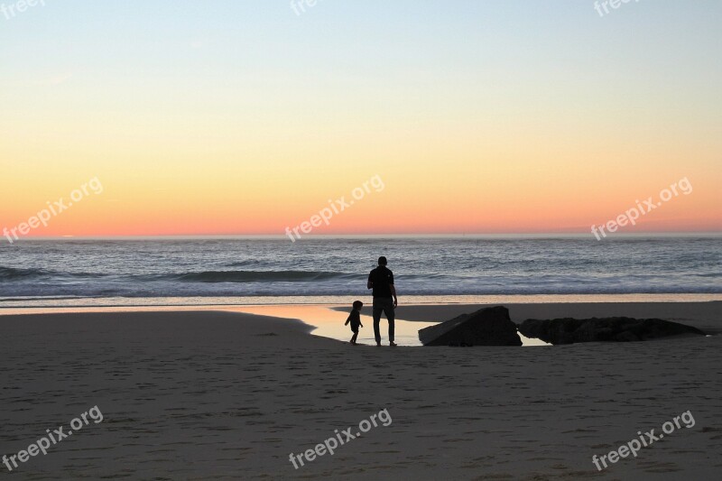 Sunset Father Beach Family Child