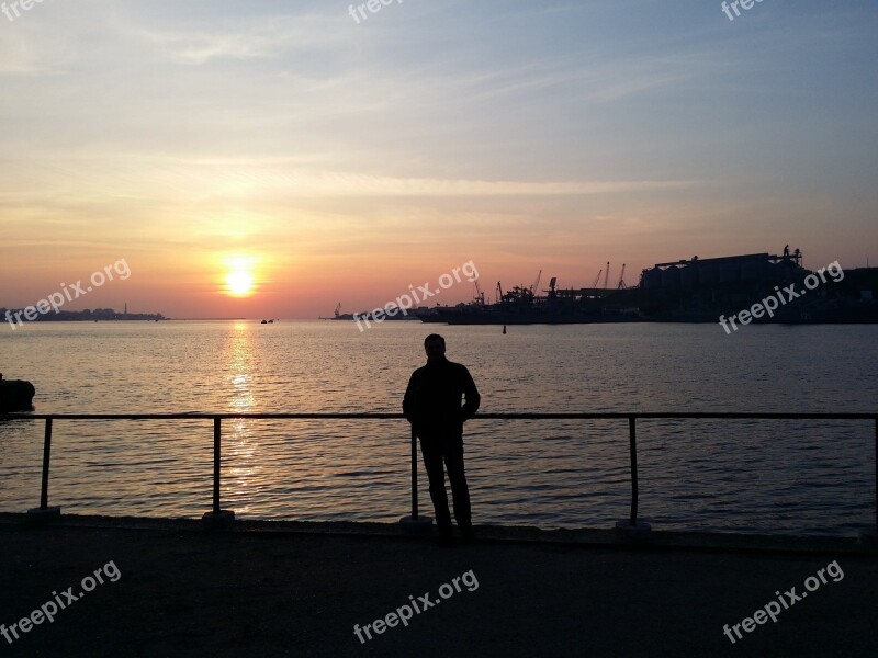 Crimea Sevastopol Sunset Man Silhouette