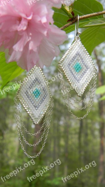 Earrings Seed Beads Woven Sterling Silver Triangle