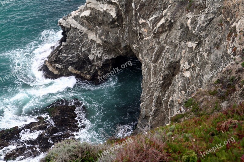 Waves Crashing On The Rocks Cave Scum Shore Ocean