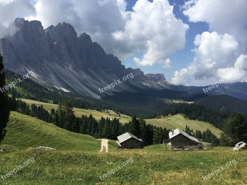 Mountains Alpine Cabins Meadow Rocks