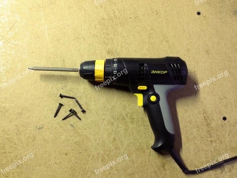 Drill Screwdriver Black On The Table Table