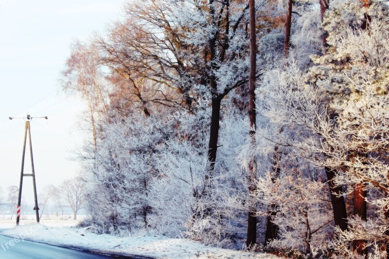 Strommast Road Wintry Winter Landscape