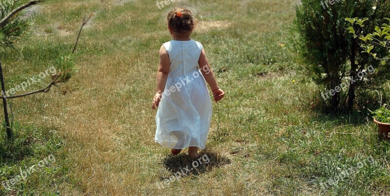 One Year Old Girl Back View Walking White Dress