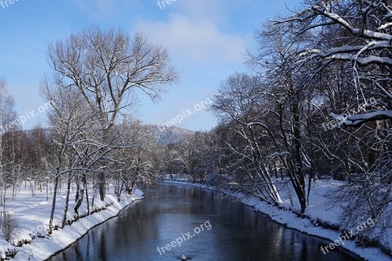 Snow Winter Danube River Water