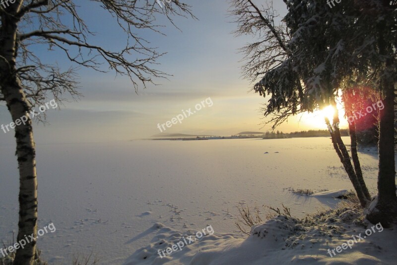 Winter Soutujärvi Norrbotten Snow Sunset