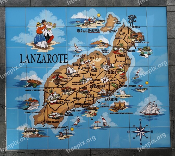 Map Lanzarote Colorful Canary Island Spain