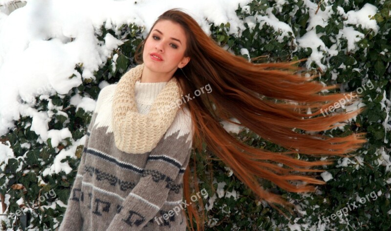 Girl Long Hair Blonde Winter Snow