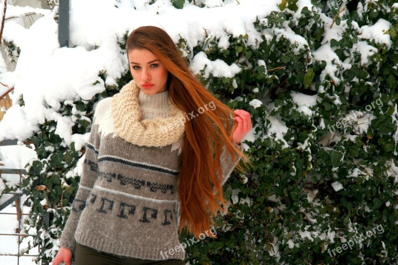 Girl Long Hair Blonde Winter Snow