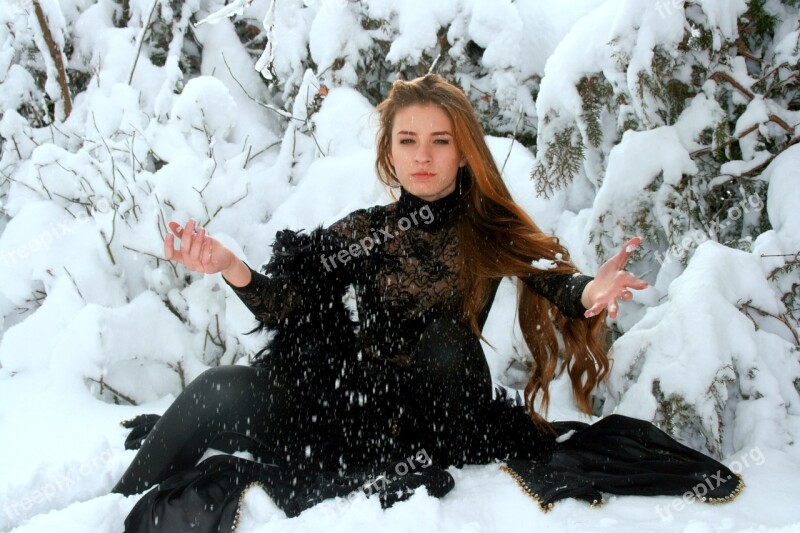 Girl Snow Long Hair Winter Black