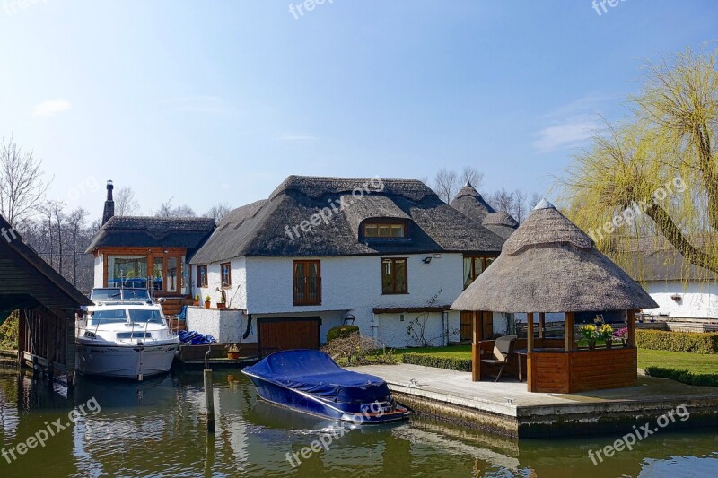 House Thatched Canal Countryside Landscape