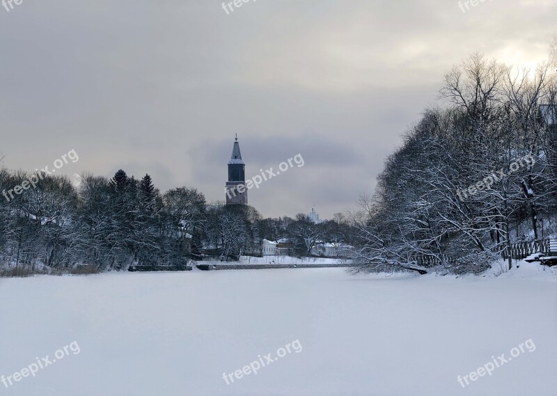 Turku Church Winter River Snow