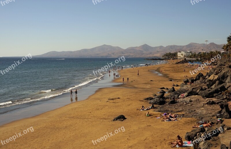 Beach Puerto Del Carmen Lanzarote Sea Mountains