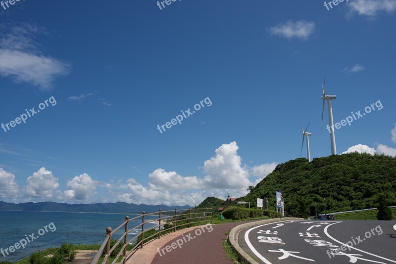 Road Blue Sky Wind Turbine Journey Landscape