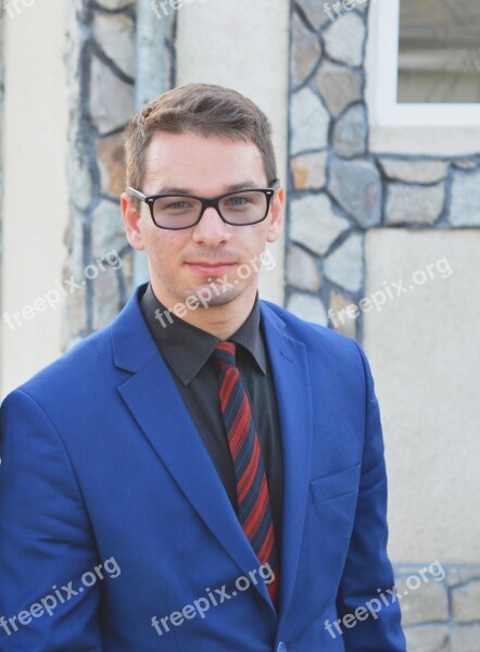 Suit Blue Man Glasses Elegant