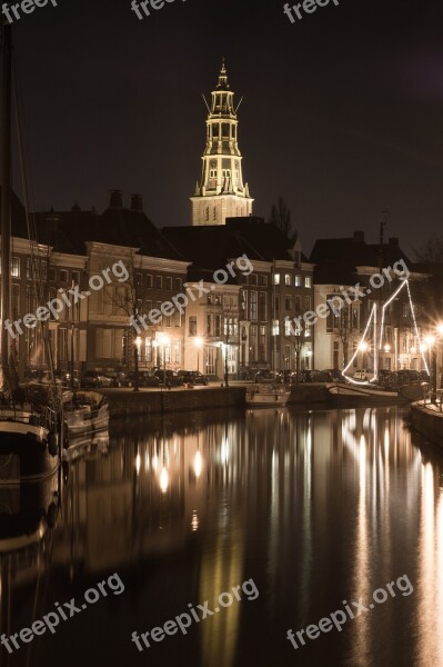 Groningen Church Canal Night Landmark