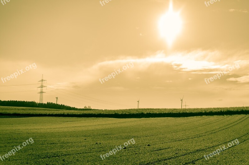 Field Arable Sun Power Poles Ground