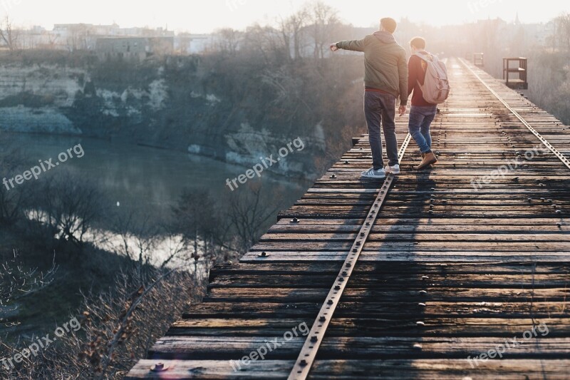 Train Tracks Pointing Finger View River Young