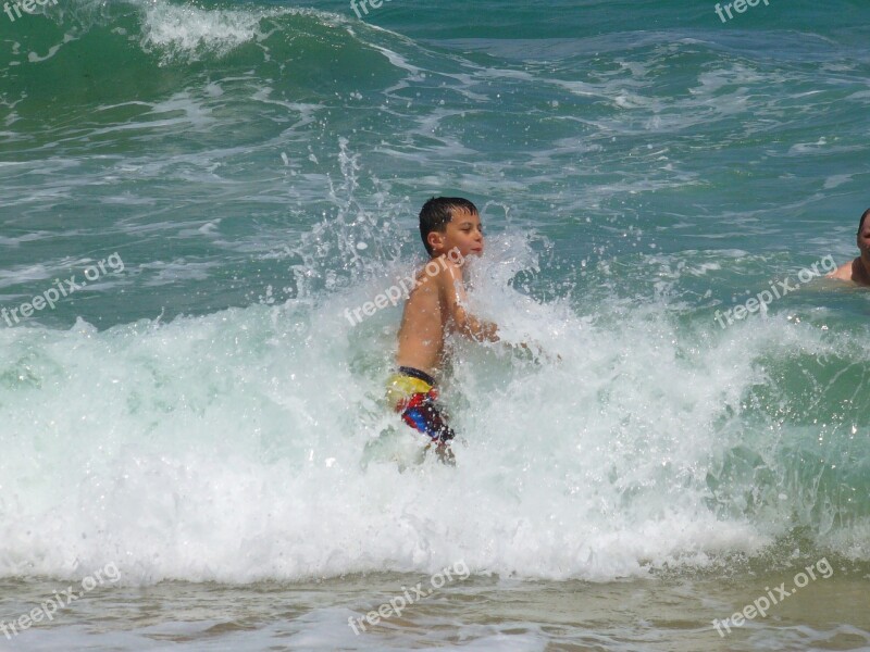 Boy Waves Ocean Beach Fun