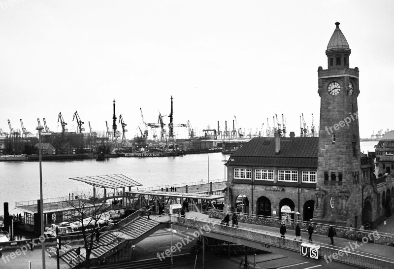 Landungsbrücken Port Of Hamburg Pegelturm Black And White Port