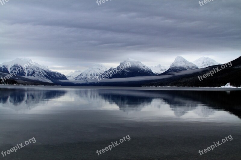 Lake Mcdonald Landscape Mountains Mist Skyline