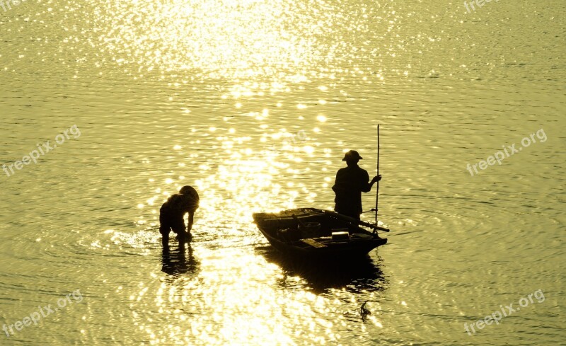 Outdoor Water The Boat Catching Fish Sunset