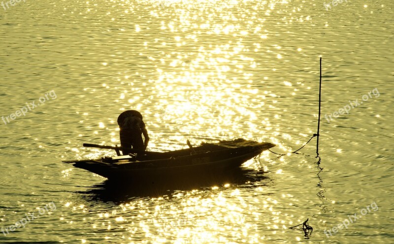 Outdoor Water The Boat Catching Fish Sunset