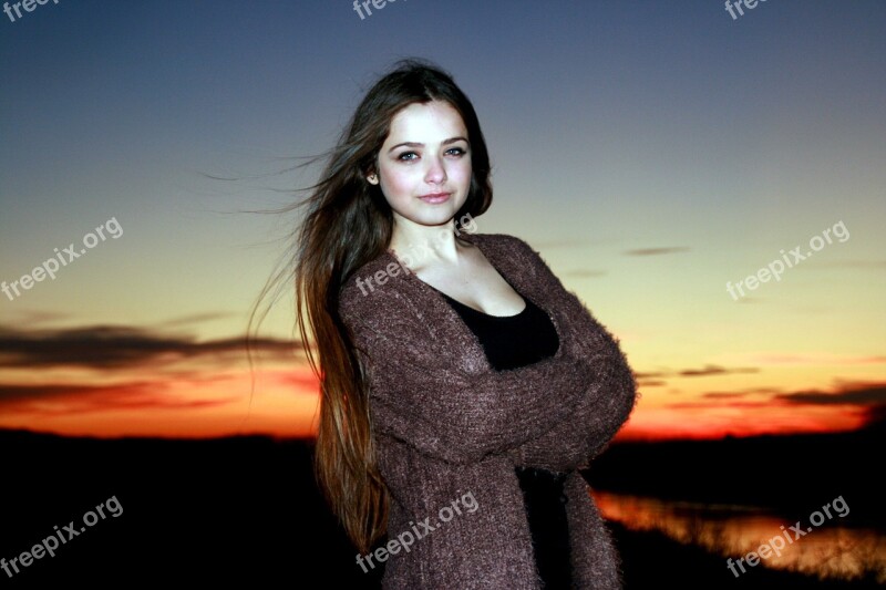 Girl Sunset Sky Red Beauty