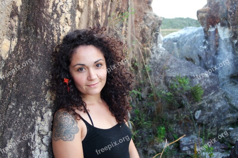 Woman Portrait Tattoo Curly Hair Smile