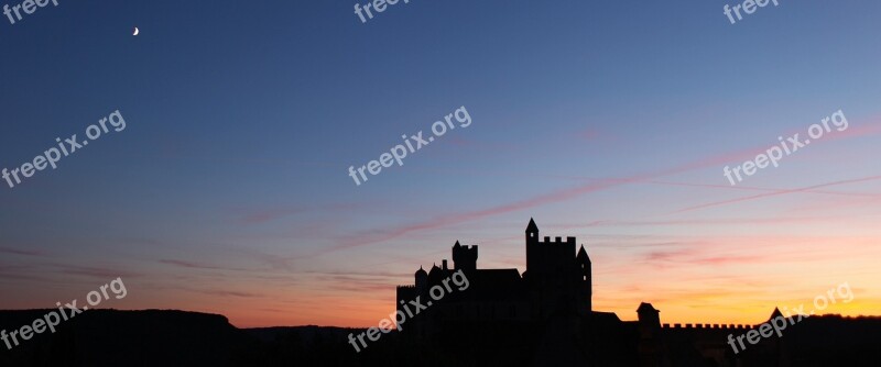 Chateau De Beynec Silhouette Sunset Landscape Twilight