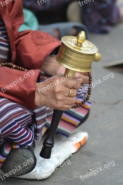 Monk Prayer Wheel Religion Buddhism