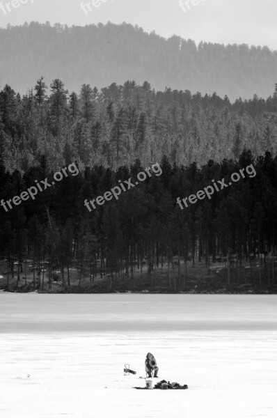 Lake Ice Fishing Black And White Ice Mountains