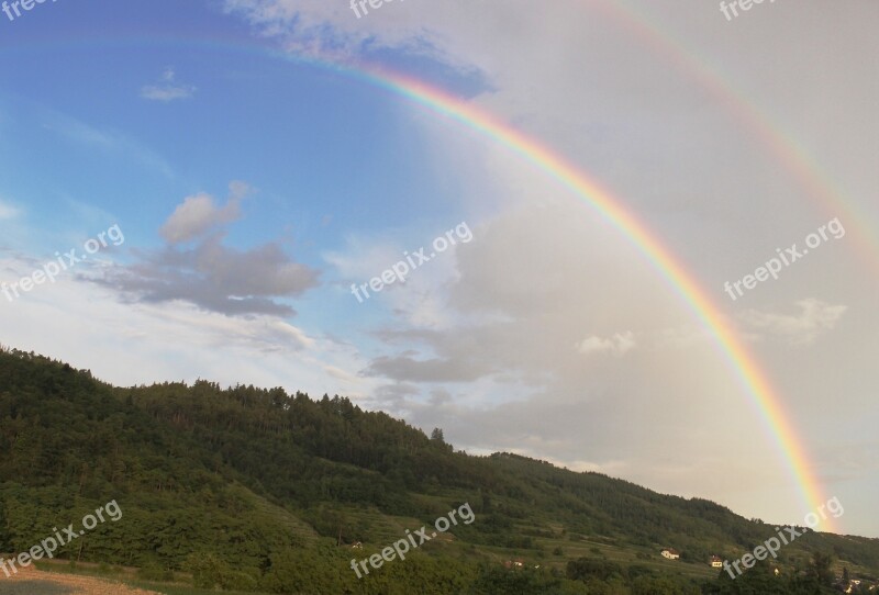 Rainbow Fog Cloudless Sky Double Rainbow Blue