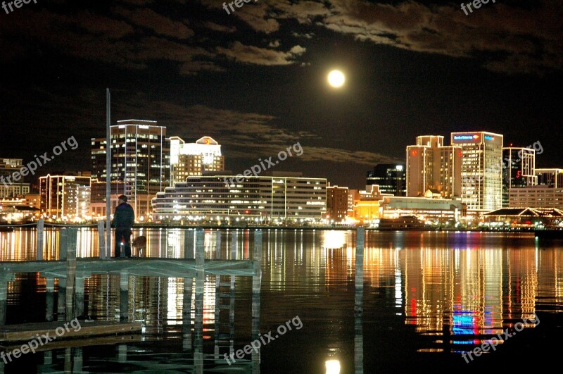 Skyline Night Full Moon Cityscape Portsmouth