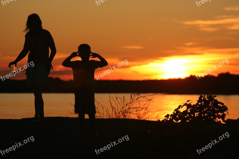 Silhouette Woman Boy Sunset Woman Silhouette