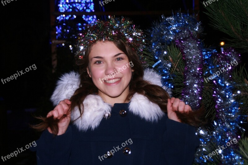 Girl Christmas Christmas Tree Tinsel Happiness