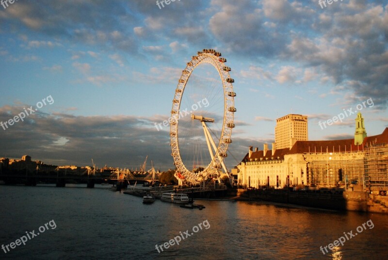 London Eye Thames River Sunset Dusk Evening