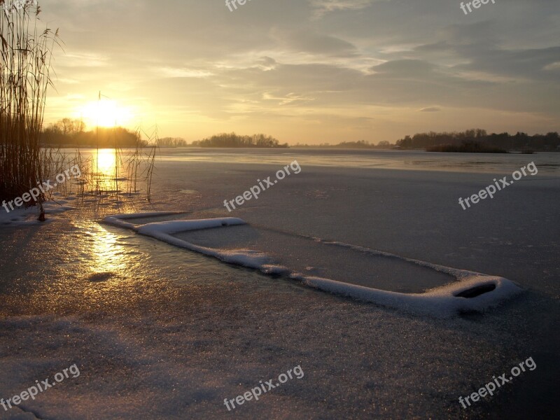 Sunset Frozen Lake Frozen Boat Winter Frozen Rowboat